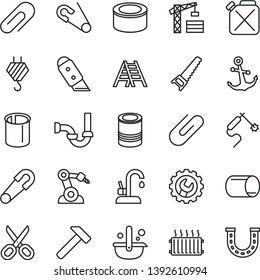 thin line vector icon set - scissors vector, clip, safety pin, open, tower crane, hook, hand saw, ladder, sewerage, gear, knife, kitchen faucet, hammer, anchor, canned goods, tin, canister, pipe