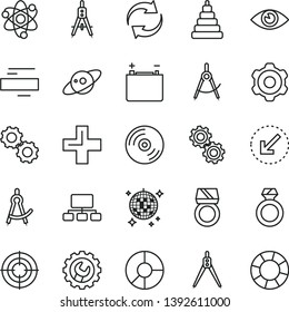 thin line vector icon set - renewal vector, plus, minus, stacking toy, cogwheel, gear, left bottom arrow, eye, CD, accumulator, scribed compasses, Measuring, scheme, ring diagram, atom, gears, gold