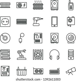 thin line vector icon set - camera vector, cordless drill, power socket type f, plummet, heating coil, headphones, smartphone, lens, battery, assembly robot, cast iron radiator, mobile phone, fan