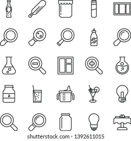 thin line vector icon set - incandescent lamp vector, magnifier, zoom, out, measuring cup for feeding, mercury thermometer, window, frame, bulb, a glass of soda, bottle, jam, jar, liquor, magnifying