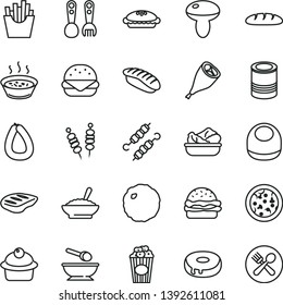 thin line vector icon set - baby bib vector, deep plate with a spoon, plastic fork spoons, stick of sausage, loaf, tin, fried vegetables on sticks, pizza, big burger, mushroom, muffin, cake hole