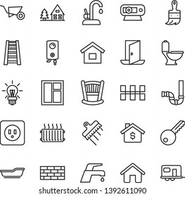 thin line vector icon set - cradle vector, bath, house, dwelling, brickwork, building trolley, window, wooden paint brush, stepladder, toilet, siphon, power socket type b, key, ceramic tiles, boiler