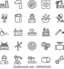 thin line vector icon set - tower crane vector, workman, winch hook, concrete mixer, power socket type b, gear, star, core, sea port, oil derrick, wind energy, valve, manufacture, battery, builder