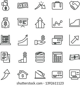 thin line vector icon set - graph vector, growth chart, abacus, cards, front of the bank card, column coins, recession, a crisis, get wage, hand shake, dollars, dollar, statistical research, arrows