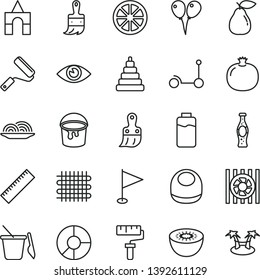 thin line vector icon set - paint roller vector, yardstick, pennant, baby bib, stacking toy, children's sand set, box of bricks, colored air balloons, Kick scooter, bucket, new, plastic brush, eye