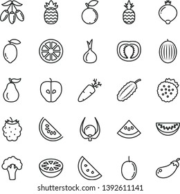 thin line vector icon set - carrot vector, strawberries, a pineapple, orange slice, tasty apple, medlar, blackberry, blueberry, melon, of water, goji berry, passion fruit, lemon, juicy, ripe guava