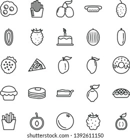 thin line vector icon set - cake vector, piece of pizza, mini hot dog, slice, glazed with a hole, apple pie, French fries, fried potato slices, omelette, strawberries, pancakes, orange, quince