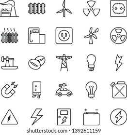 thin line vector icon set - lightning vector, matte light bulb, power socket type b, f, dangers, new radiator, electronic boiler, coffee beans, oil derrick, modern gas station, windmill, wind energy