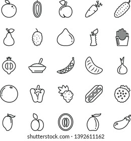 thin line vector icon set - Hot Dog vector, a bowl of buckwheat porridge, cucumber, peper, carrot, fried potato slices, strawberries, apple, pear, peach, grape, fig, half medlar, mulberry, mango