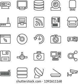 thin line vector icon set - camera vector, rss feed, archive, satellite dish, connections, computer, keyboard, motherboard, monitor, web, router, scanner, usb flash, browser, connect, floppy