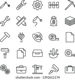 thin line vector icon set - paint roller vector, briefcase, clean sheet of paper, crane, hook, measuring tape, long meashuring, writing accessories, ceramic tiles, hammer, pile, drawer, 24, gear