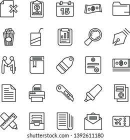 thin line vector icon set - scribbled paper vector, folder, archive, book, e, writing accessories, stationery knife, calendar, received letter, delete page, label, cup of popcorn, magnifier, cash