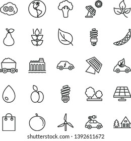 thin line vector icon set - saving light bulb vector, drop, apple, pear, mint, tangerine, peas, broccoli, solar panel, big, leaves, leaf, windmill, planet Earth, hydroelectricity, trees, energy, bag
