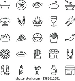 thin line vector icon set - plates and spoons vector, plastic fork, iron, fried vegetables on sticks, pizza, piece of, big burger, pie, a bowl rice porridge, in saucepan, lettuce plate, chop, glass