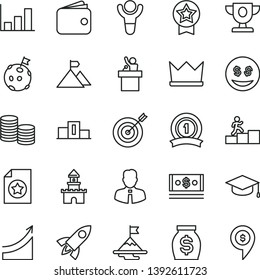 thin line vector icon set - employee vector, square academic hat, coins, wallet, money, cash, growth graph, winner, pedestal, prize, carrer stairway, motivation, mountain flag, on moon, target, star