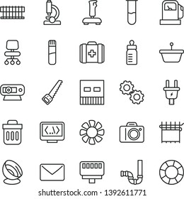 thin line vector icon set - camera vector, feeding bottle, medical bag, arm saw, siphon, gas station, electric plug, cloth industry, pan, fan, radiator, web, usb, trash bin, coding, lan connector