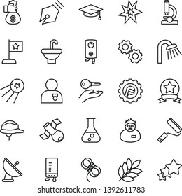thin line vector icon set - new roller vector, washbasin, shower, helmet, hawser, star gear, boiler, electronic, flask, microscope, gears, satellite, scientist, antenna, biology, ink pen, bang, flag