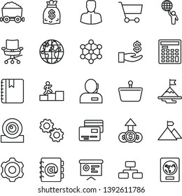 thin line vector icon set - cogwheel vector, notebook, flowchart, address book, cards, trolley with coal, cart, shopping basket, woman, planet, get a wage, dollars, dispatcher, engineer calculator