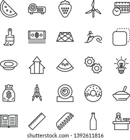 thin line vector icon set - yardstick vector, comb, wooden paint brush, pavement, book, copy, glazed cake with a hole, bowl of buckwheat porridge, plate milk, strawberry, orange slice, water melon