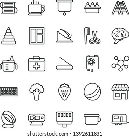 thin line vector icon set - first aid kit vector, measuring cup for feeding, bath ball, accessories a hairstyle, stacking toy, children's potty, books, window, ladder, coffee, strawberry, broccoli