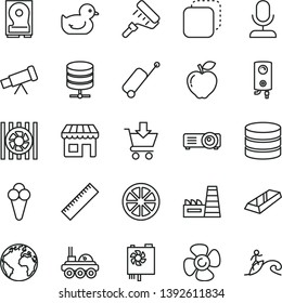 thin line vector icon set - sign of the planet vector, yardstick, baby duckling, paint roller, boiler, big data server, put in cart, copy, cone, red apple, juicy lemon, fan screw, kiosk, radiator