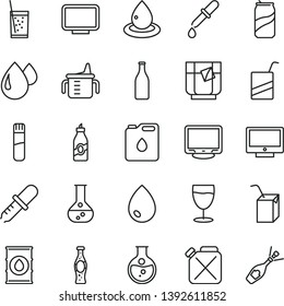 thin line vector icon set - measuring cup for feeding vector, e, packing of juice with a straw, drop, screen, glass soda, tea, can, bottle, liquor, round flask, oil, canister, monitor, test tube