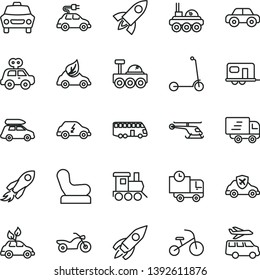 thin line vector icon set - Baby chair vector, motor vehicle, present, toy train, tricycle, child Kick scooter, car, delivery, eco, environmentally friendly transport, electric, autopilot, rocket