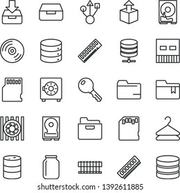 thin line vector icon set - folder vector, bookmark, key, CD, big data, server, put in a box, drawer, strongbox, hanger, unpacking, barrel, jar, radiator fan, memory, hdd, usb, sd card