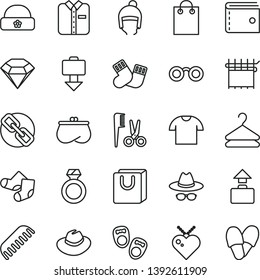 thin line vector icon set - purse vector, spectacles, hat, with glasses, accessories for a hairstyle, comb, warm socks, Knitted, shoes little children, winter, bag handles, T shirt, folded, hanger