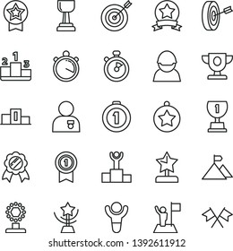 thin line vector icon set - pedestal vector, racer, stopwatch, winner, podium, prize, award, cup, gold, star, reward, man with medal, flag, mountain, target, purpose, first place, pennant, ribbon