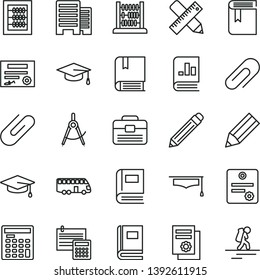 thin line vector icon set - clip vector, graphite pencil, book, new abacus, e, portfolio, buildings, writing accessories, calculation, scribed compasses, on statistics, scientific publication, bus