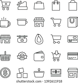 thin line vector icon set - paper bag vector, grocery basket, bank card, children's potty, cubes for children, put in cart, crossed, with handles, stick of sausage, cup tea, kiosk, stall, shopping