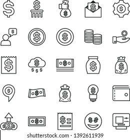 thin line vector icon set - purse vector, coins, denomination of the dollar, article on, financial item, catch a coin, money, dollars, cash, bag hand, rain, column, gear, idea, eyes, growth, mail