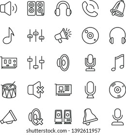 thin line vector icon set - bell vector, desktop microphone, horn, loudspeaker, silent mode, drum, headphones, music, volume, no sound, phone call, pc card, cd, speaker, note, settings