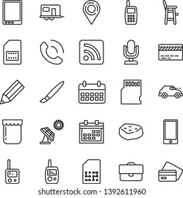 thin line vector icon set - tassel vector, desktop microphone, calendar, bank card, rss feed, toy phone, mobile, a chair for feeding child, smartphone, call, piece of meat, jam, big solar panel, SIM