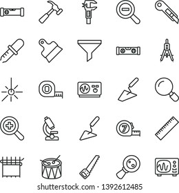 thin line vector icon set - yardstick vector, zoom, out, drum, trowel, building, arm saw, measuring tape, long meashuring, construction level, putty knife, stationery, hammer with claw, magnifier