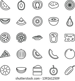 thin line vector icon set - piece of cheese vector, pizza, slices onion, cake, meat, orange slice, sandwich, water melon, delicious plum, half cherry, kiwi, lemon, coconut, pineapple, grapefruit