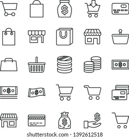 thin line vector icon set - paper bag vector, grocery basket, bank card, cart, put in, with handles, cards, kiosk, coins, stall, shopping, front of the, column, get a wage, money, dollars, cash
