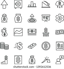 thin line vector icon set - upward direction vector, dollar, line chart, strongbox, coins, recession, a crisis, article on the, financial item, money, dollars, cash, report, gold bar, bag hand, rain