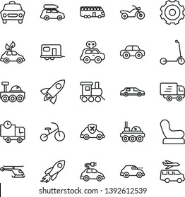 thin line vector icon set - truck lorry vector, Baby chair, motor vehicle, present, toy train, tricycle, child Kick scooter, car, delivery, environmentally friendly transport, electric, retro, bus