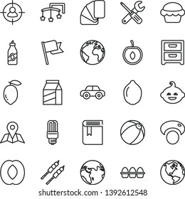 thin line vector icon set - sign of the planet vector, book, toys over cot, baby bath ball, motor vehicle, funny hairdo, small tools, sample colour, map, flag, nightstand, package, bundle eggs, cake