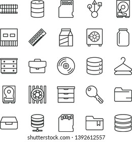 thin line vector icon set - folder vector, bookmark, storage unit, chest of drawers, key, CD, big data, server, suitcase, drawer, strongbox, package, hanger, barrel, jar, radiator fan, memory, hdd