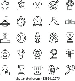 thin line vector icon set - stopwatch vector, winner, pedestal, podium, prize, award, cup, gold, star reward, man with medal, motivation, mountain flag, target, purpose, first place, pennant, ribbon