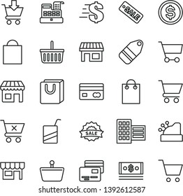 thin line vector icon set - paper bag vector, grocery basket, dollar, e, city block, cart, put in, crossed, with handles, cards, kiosk, label, stall, shopping, reverse side of a bank card, cash