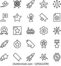 thin line vector icon set - add bookmark vector, remove label, star, rocket, space, lunar rover, bang, cup, medal, flag, hero, ribbon, certificate, dollar gear, stars around man, three, flying