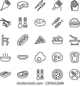 thin line vector icon set - plates and spoons vector, a chair for feeding, plastic fork, iron, cheese, pizza, piece of, Hot Dog, mini, burger, spaghetti, porridge, lettuce in plate, bacon, chop, egg