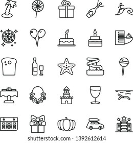 thin line vector icon set - colored air balloons vector, cake, gift, Easter, birthday, Chupa Chups, lollipop, glass, pumpkin, wall calendar, sand castle, wine, champagne, car baggage, hotel, beach