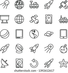 thin line vector icon set - counterclockwise vector, bath ball, earth, artificial satellite, planet, billboard, rocket, tablet pc, hdd, antenna, saturn, lunar rover, flag on moon, first, starfish