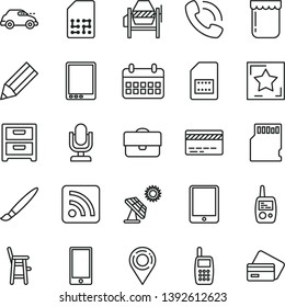 thin line vector icon set - tassel vector, desktop microphone, bank card, rss feed, toy mobile phone, a chair for feeding child, concrete mixer, smartphone, nightstand, jam, big solar panel, SIM, sd