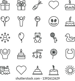 thin line vector icon set - heart symbol vector, toys over the cradle, bib, rubber duck, teddy bear, children's train, colored air balloons, balloon, cake, birthday, gift, torte, Chupa Chups, sun
